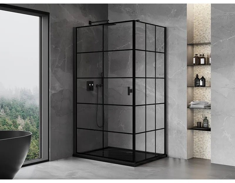 Mexen Mist-B, 1-krídlový výklopný sprchový kút, ľavý, 70 x 90 cm, číre sklo-čierna mriežka, 8A2T-070-090-70-77-L