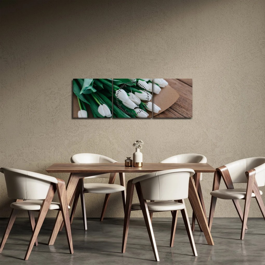 Obraz kytice bielych tulipánov (s hodinami) (90x30 cm)
