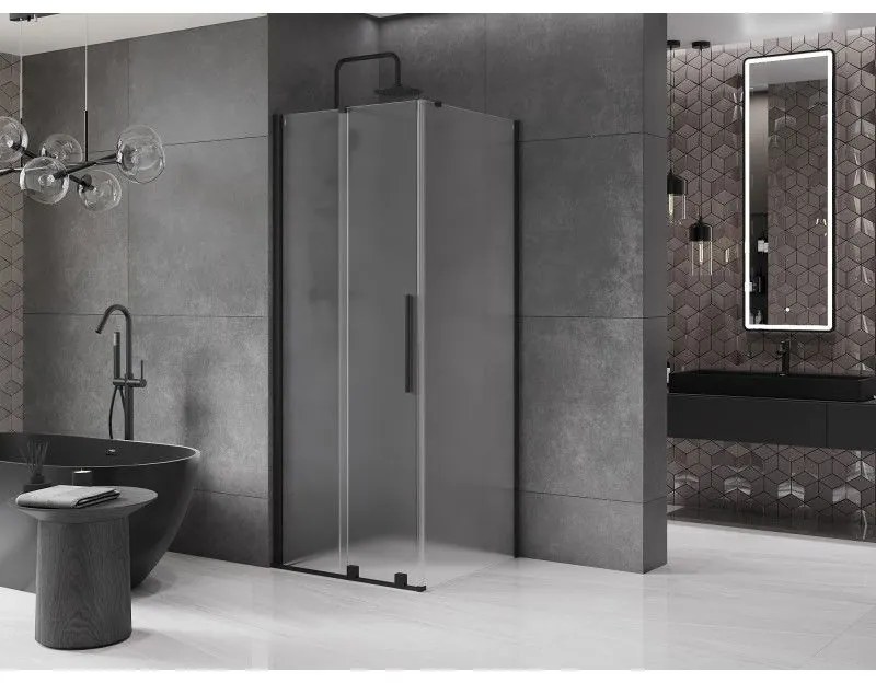 Mexen Velar, sprchový kút s posuvnými dverami 90 x 90 cm, 8mm sklo námraza, čierna matná, 871-090-090-31-70