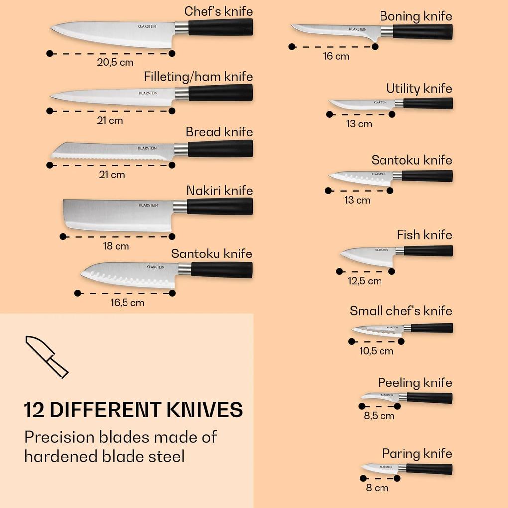 Kitano XL, sada nožov s blokom, 13-dielna, 12 nožov, oceľ, luxusný drevený blok