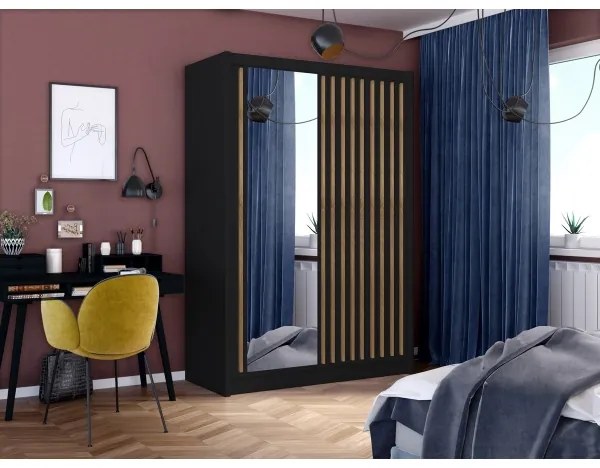 Šatníková skriňa so zrkadlom SANTINO 150x215 cm čierna/dub craft