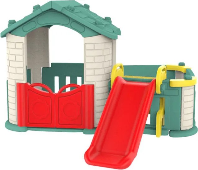 Ramiz Záhradný domček 3 v 1 pre deti Zelená strecha + šmýkačka + záhrada s plotom