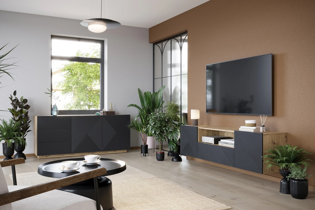 Dvojdverová komoda Asha 167 cm so zásuvkami - dub artisan / matný rivier stone