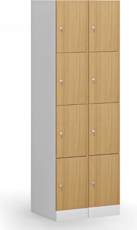 Šatníková skrinka S1 s úložnými boxmi, 4 boxy, 1850 x 300 x 500 mm, demont, cylindrický zámok, laminované dvere, biela