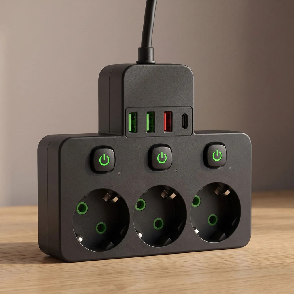 Toolight Toolight, JNH018, zásuvkový rozbočovač 3 zásuvky + 3× USB-A + USB-C s LED svetlom, čierna, OSW-56307