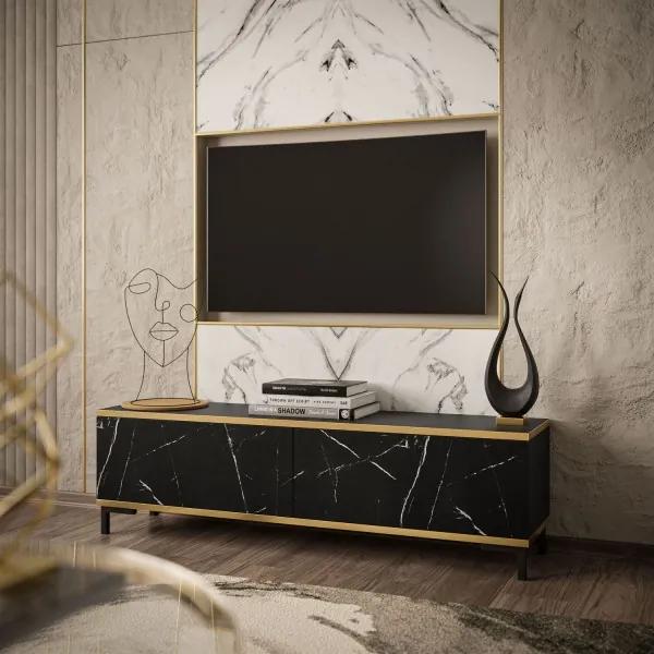 TV skrinka JACOB 135 cm čierny kráľovský mramor + zlatá, čierné nôžky