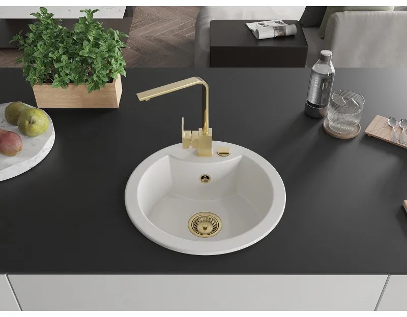 Mexen Diego, 1-komorový granitový drez 488x488x167 mm, zlatý sifón, zlatá batéria Rita, biela, 6512-20-670300-50