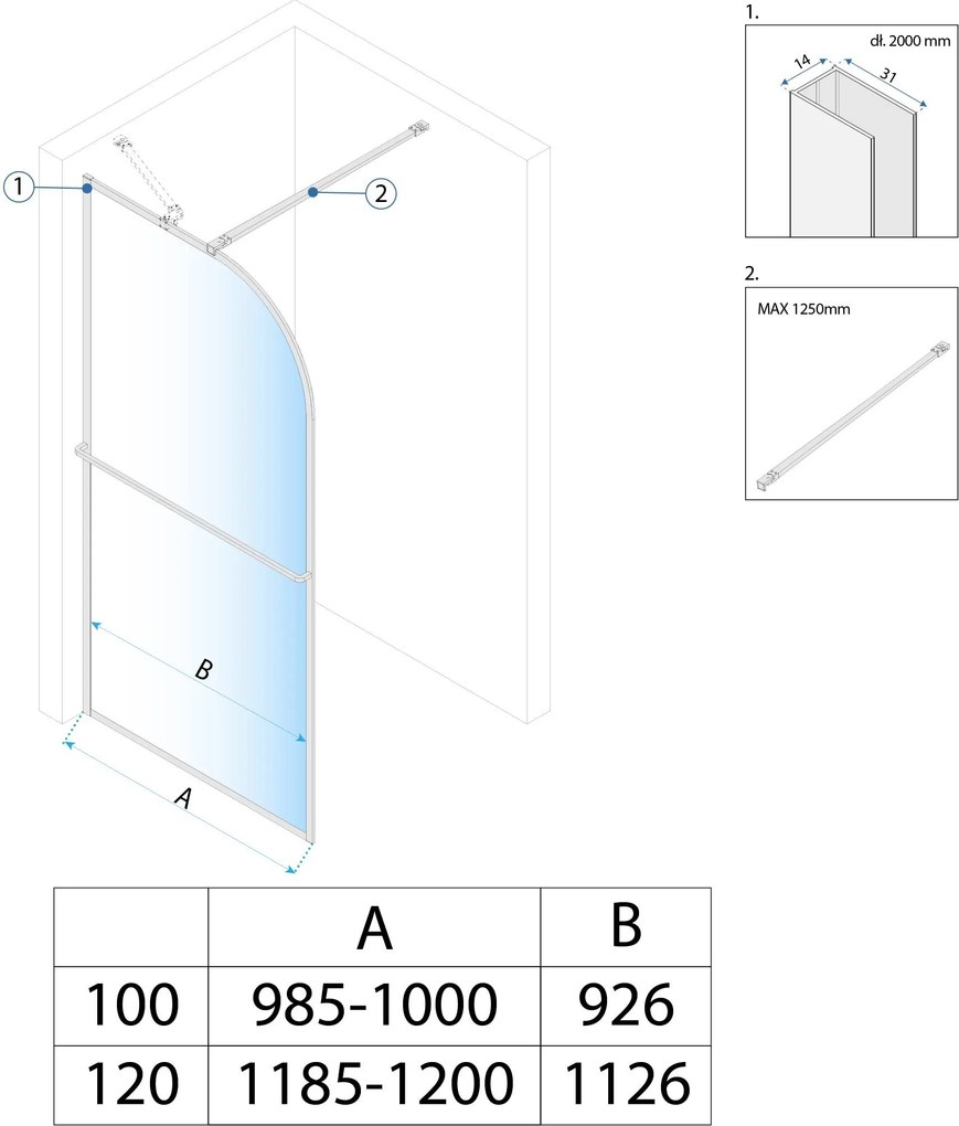 Rea SKY, sprchová zástena WALK-In 100x200 cm, 8mm číre sklo, zlatá matná, KPL-K4330
