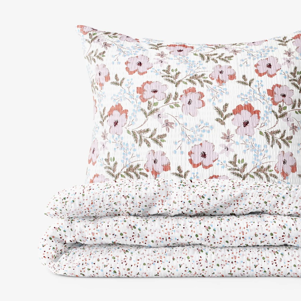Goldea krepové posteľné obliečky - sivohnedé kvety s farebnými drobnými tvarmi 140 x 220 a 70 x 90 cm
