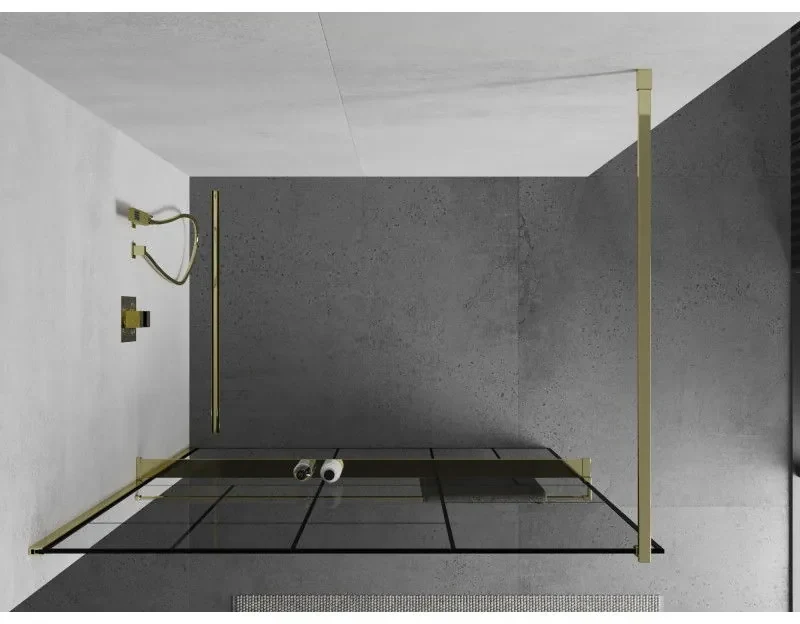 Mexen Kioto+, sprchová zástena s poličkou a držiakom na uteráky 140 x 200 cm, 8mm číre sklo vzor čierny, zlatý profil, 800-140-121-50-78