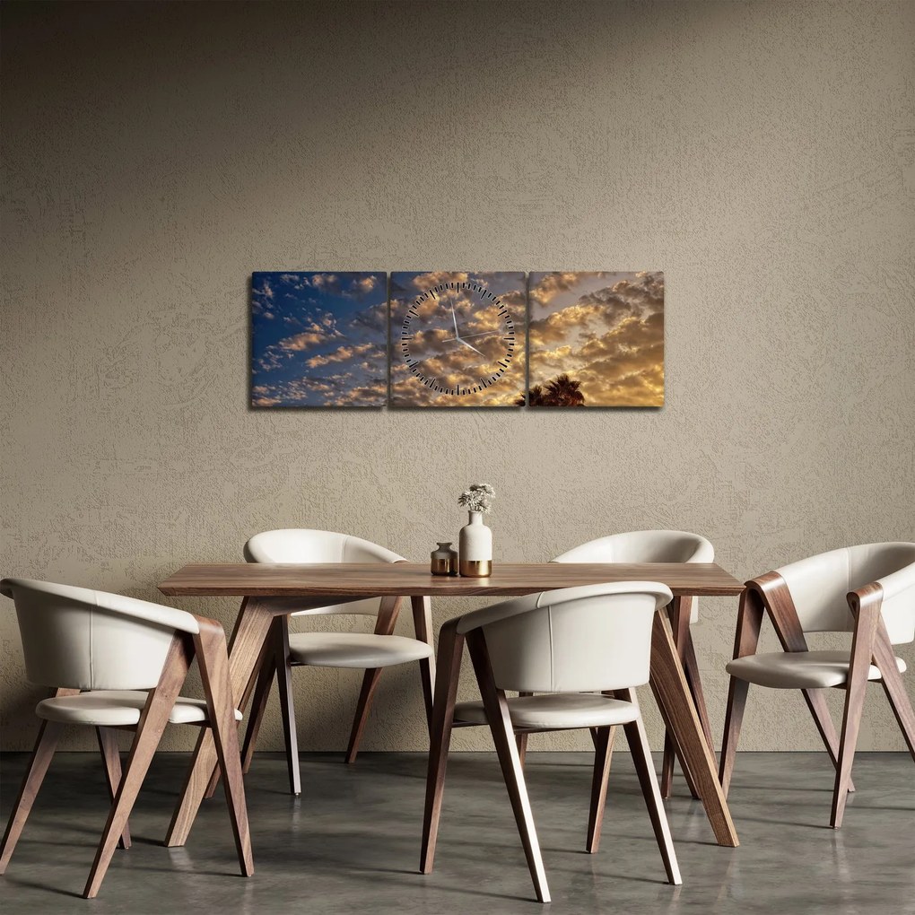 Obraz - Palmy medzi mrakmi (s hodinami) (90x30 cm)
