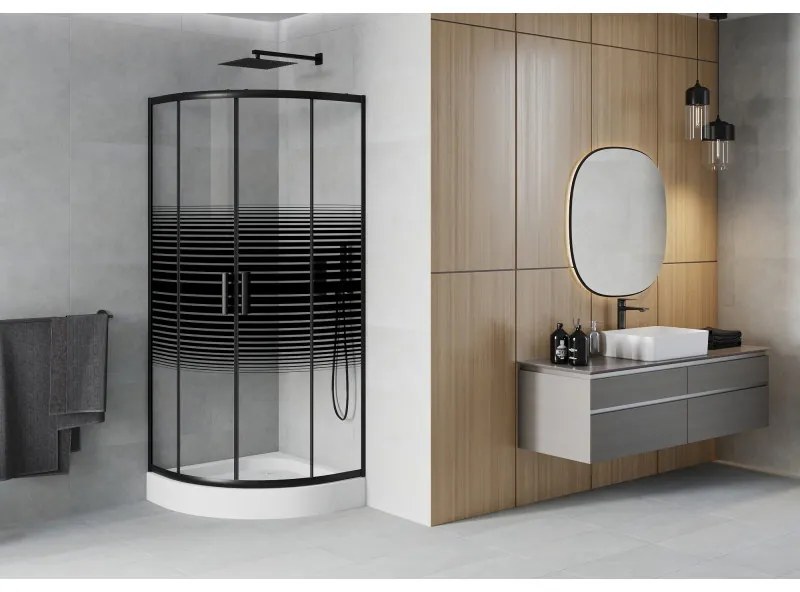 Mexen Rio, štvrťkruhový sprchovací kút s posuvnými dverami 90(dvere) x 90(dvere) x 190 cm, 6mm číre sklo s pásikmi, čierny profil + Rio sprchová vanička biela, 863-090-090-70-20-4710