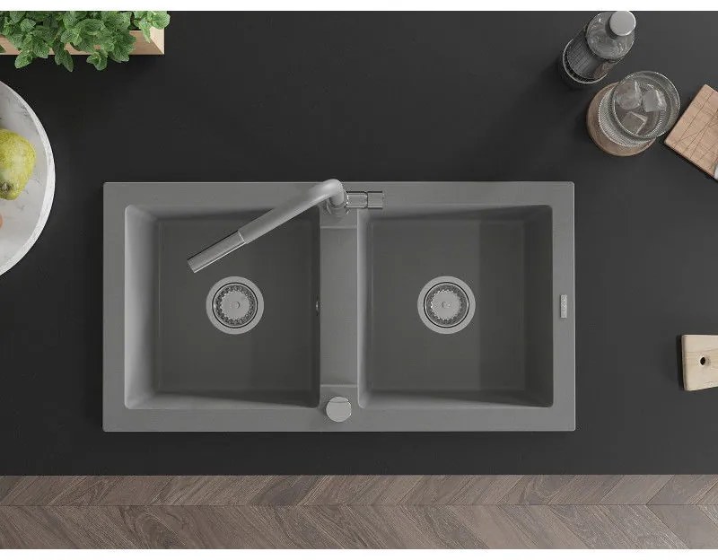 Mexen Mario, 2-komorový granitový drez 820x436x161 mm a drezová batéria Flora, šedá, 6504-71-670401-06