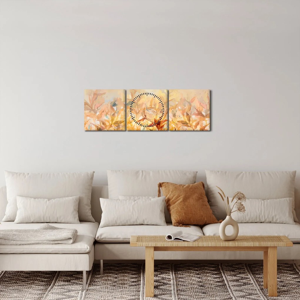 Obraz - Listy vo farbách jesene, olejomaľba (s hodinami) (90x30 cm)