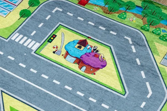 Detský koberec protišmykový BAMBINO 9028 mesto, zelený / sivý