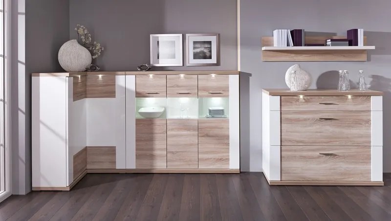 Široká vitrína Caracas typ 22, dub/biely lesk, s osvetlením