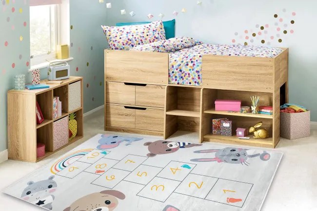 Detský koberec protišmykový BAMBINO 43092 zvieratká, sivý / žltý