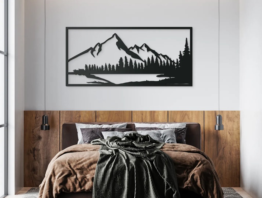 drevko Drevený obraz Vrchy s jazerom Rozmer obrazu: 30,5 x 65 cm, Farba dekorácie: Čierna