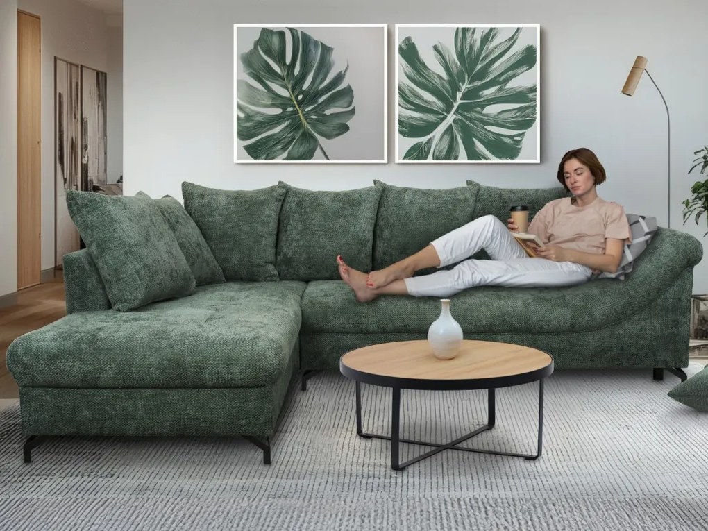 Rohová sedačka Kati, šedo-zelená látka, ľavý roh