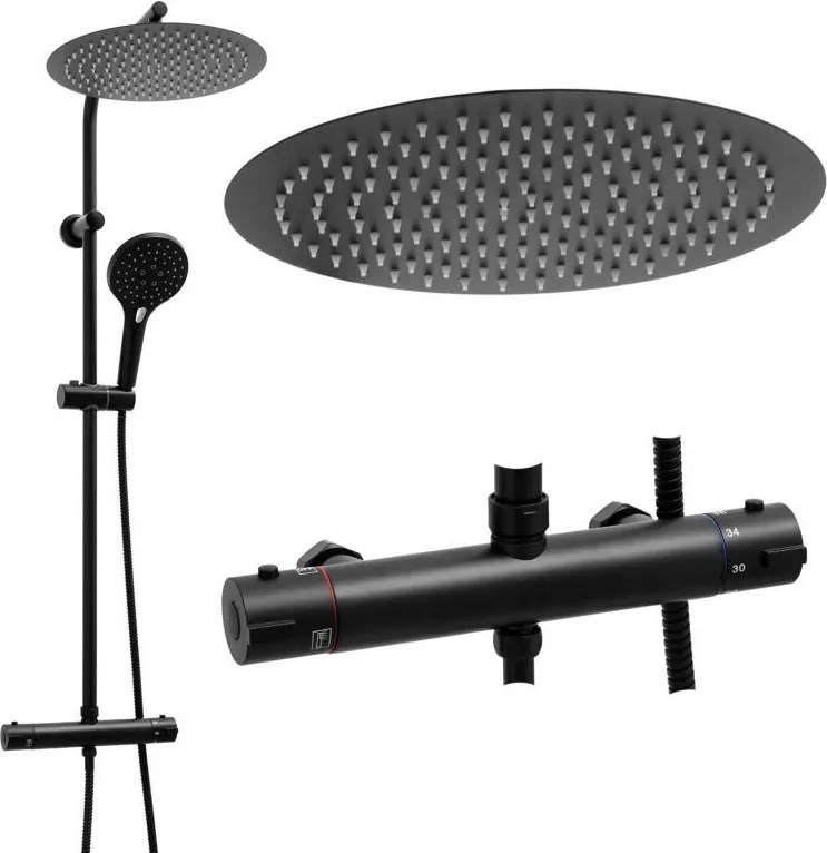 Erga Bergen, sprchový set s termostatickou batériou a dažďovou sprchou 30 cm, čierna matná, ERG-YKA-BP.BERGEN THERM 30 BLK