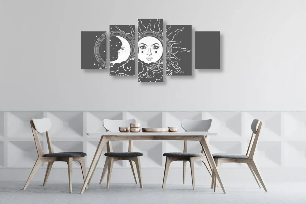 5-dielny obraz čiernobiela harmónia slnka a mesiaca - 200x100