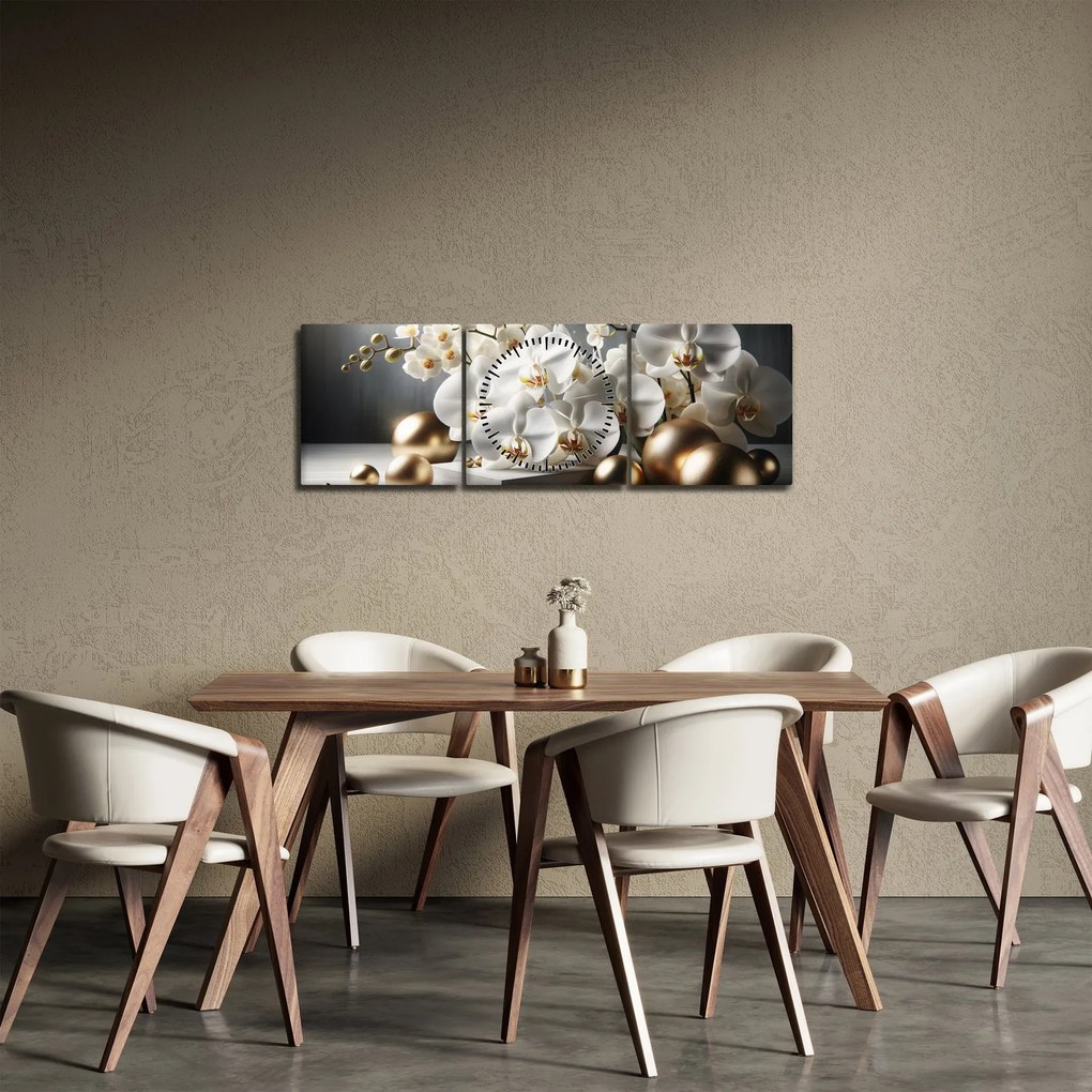 Obraz - Orchidea a zlaté gule (s hodinami) (90x30 cm)