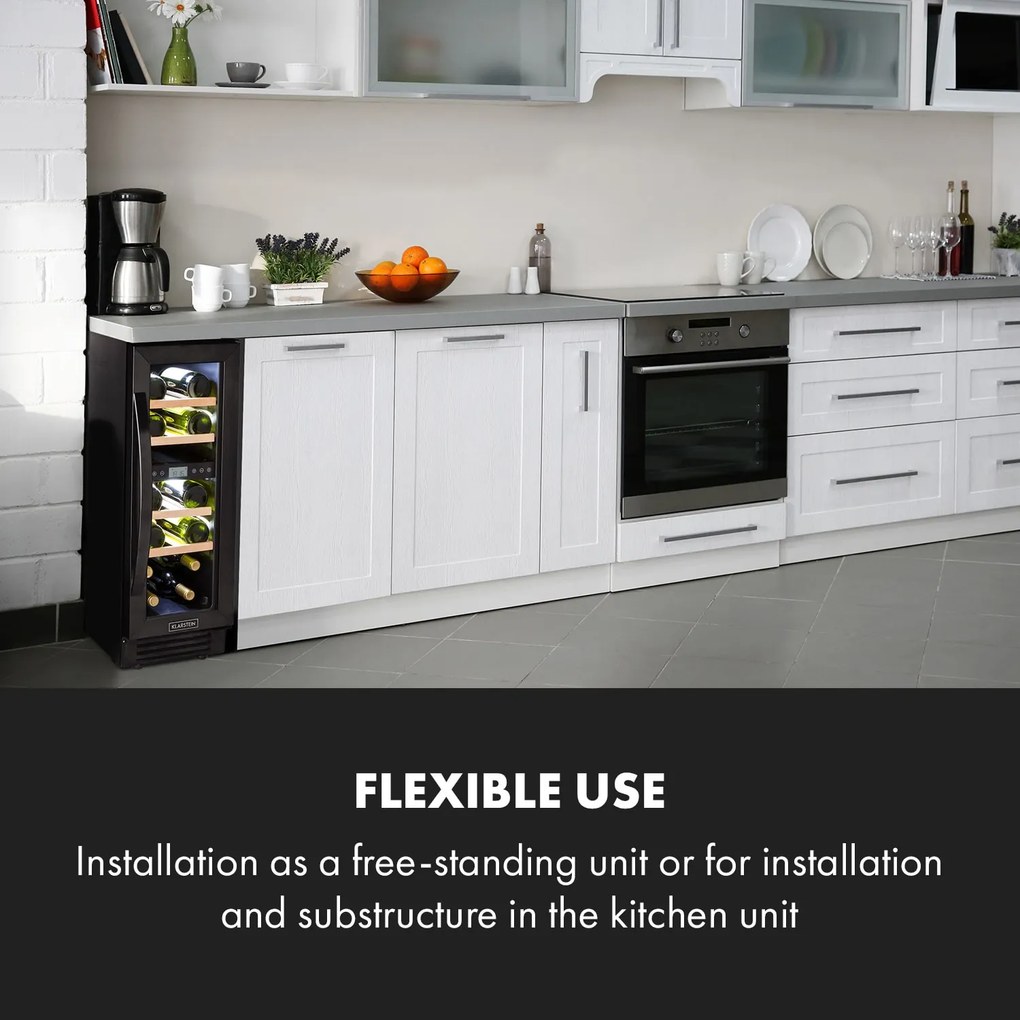 Klarstein Vinovilla 17 Built-in Duo Onyx Edition, dvojzónová vinotéka, 53 l, 17 fliaš, 3-farebné LED osvetlenie, sklenené dvere