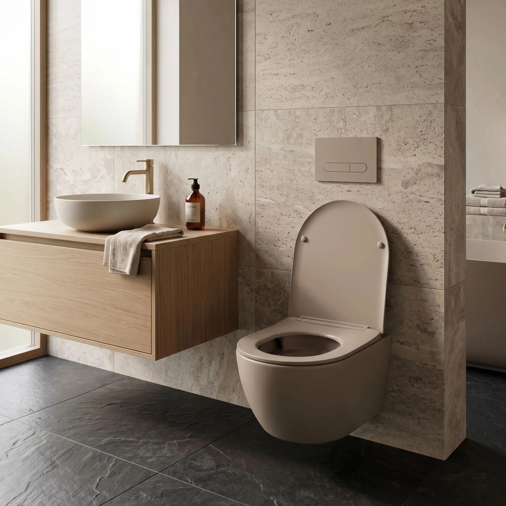 Rea Carlo Mini, závesná WC misa Rimless Tornado so sedadlom, béžová matná, REA-C4599