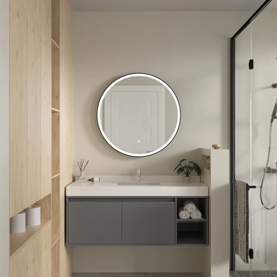 Erga Olivia, okrúhle LED zrkadlo 80cm, čierny kovový rám, 1840 lm, 6500K, predné osvetlenie, ERG-V01-202-8080-BK