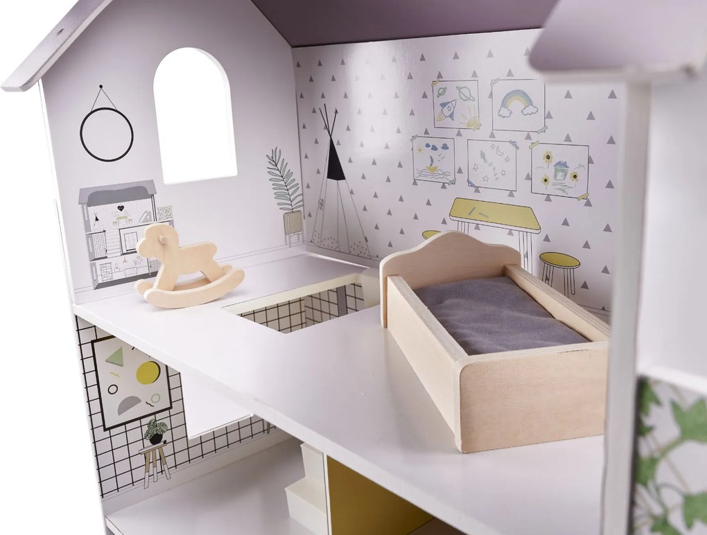 KIK Drevený domček pre bábiky 70 cm s nábytkom – trojposchodový moderný sivý
