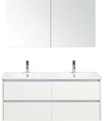 Kúpeľňový nábytkový set Dante 120 cm s keramickým dvojitým umývadlom biela vysoko lesklá a zrkadlovou skrinkou