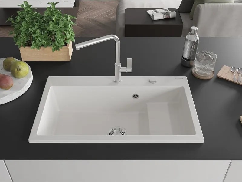 Mexen Omar granitový drez 1-komorový 800 x 480 mm, biely, sifón chróm - 6520801005-20