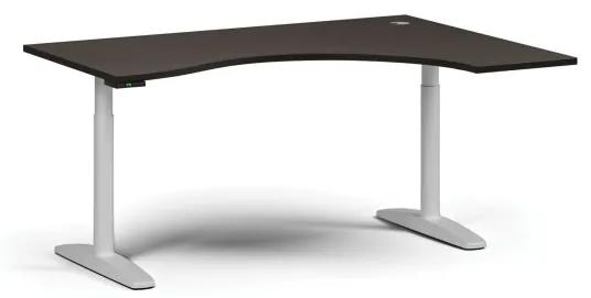 Výškovo nastaviteľný stôl OBOL, elektrický, 675-1325 mm, ergonomický pravý, doska 1600x1200 mm, biela zaoblená podnož, wenge