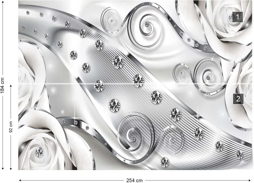 GLIX Fototapeta - 3D Luxury Ornamental Design Diamonds And Roses Silver Vliesová tapeta  - 254x184 cm