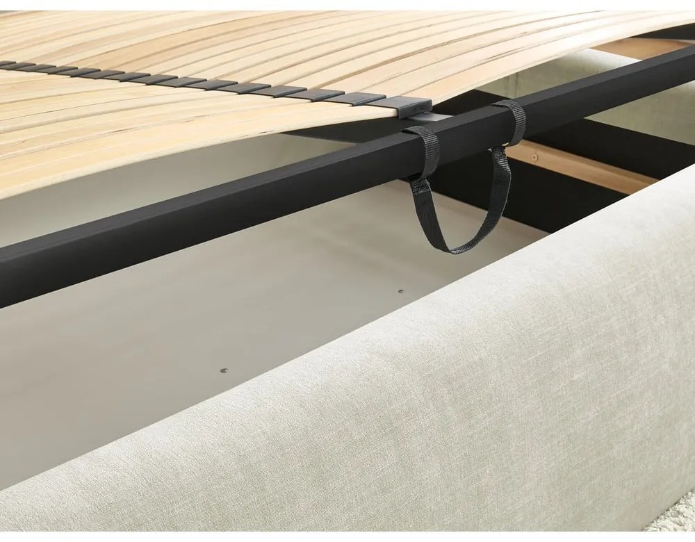 Béžová čalúnená dvojlôžková posteľ s úložným priestorom s roštom 180x200 cm Vernon – Bobochic Paris