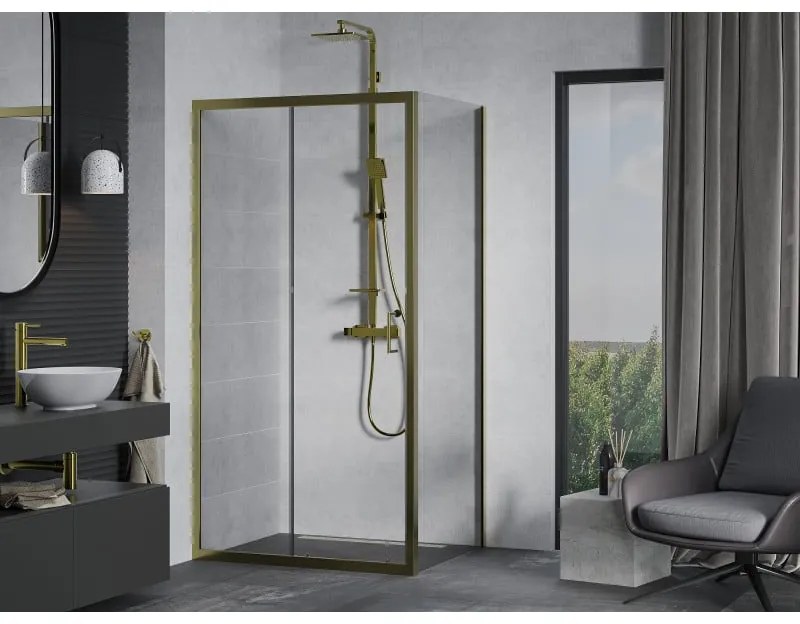 Mexen Apia, sprchový kút s posuvnými dverami 95 (dvere) x 70 (stena) cm, 6mm číre sklo, zlatý profil, 840-095-070-50-00