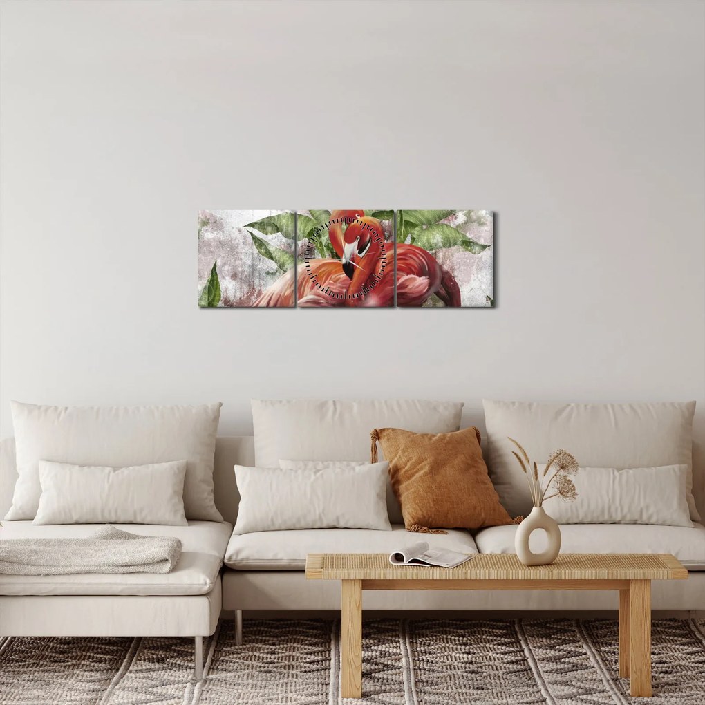 Obraz - Plameniaky (s hodinami) (90x30 cm)