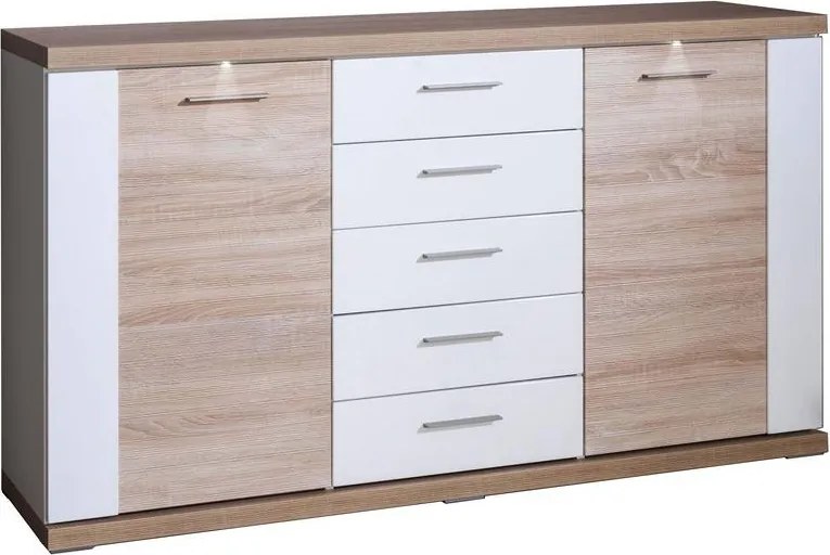 Široká komoda Caracas typ 21, dub/biely lesk, s osvetlením