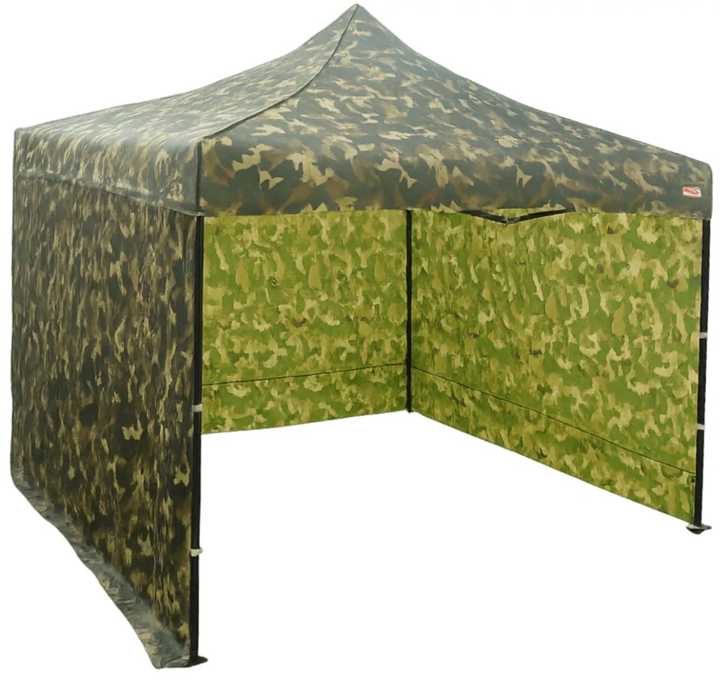 Rýchlorozkladací nožnicový stan 3x3m – oceľový, 3 bočné plachty, Maskáčová