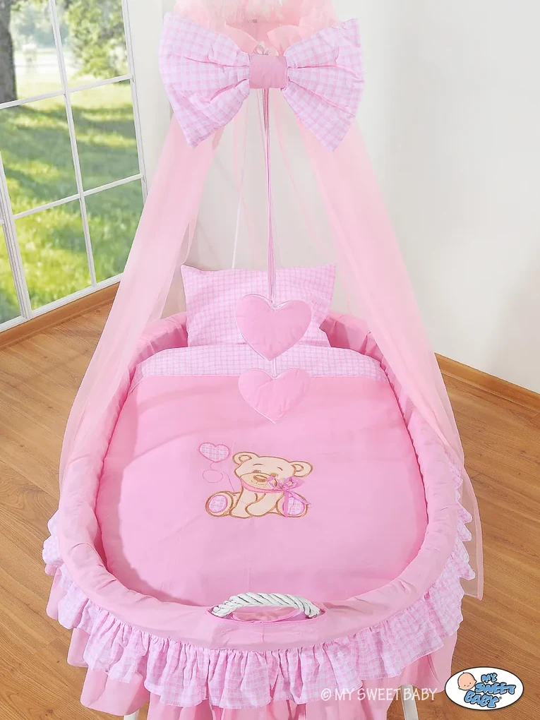 My Sweet Baby Prútený košík/Prútený postieľka so závesom- Medveď s mašľou ružová