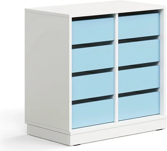 Úložná skrinka CASPER, 8 zásuviek, so soklom, biela/sky blue