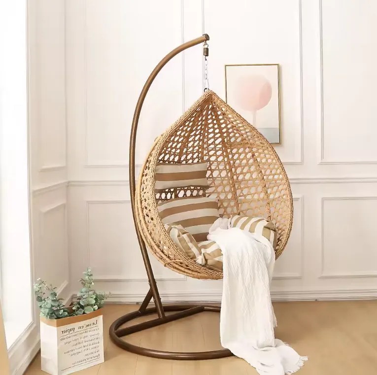 Závesné hojdacie kreslo IBIZA - hnedé + béžové vankúše s pruhmi