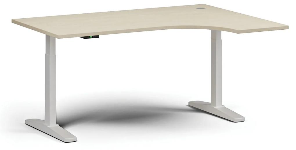 Výškovo nastaviteľný stôl, elektrický, 675-1325 mm, rohový pravý, doska 1600x1200 mm, biela podnož, čerešňa