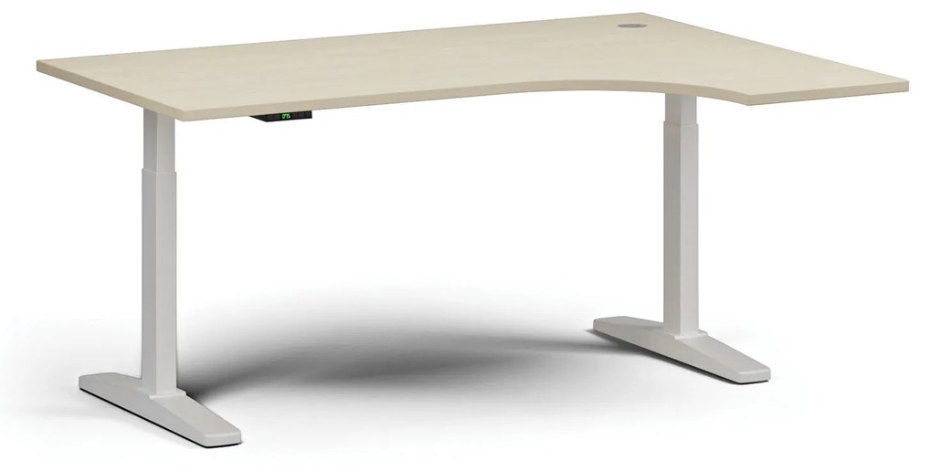 Výškovo nastaviteľný stôl, elektrický, 675-1325 mm, rohový pravý, doska 1600x1200 mm, biela podnož, dub prírodný