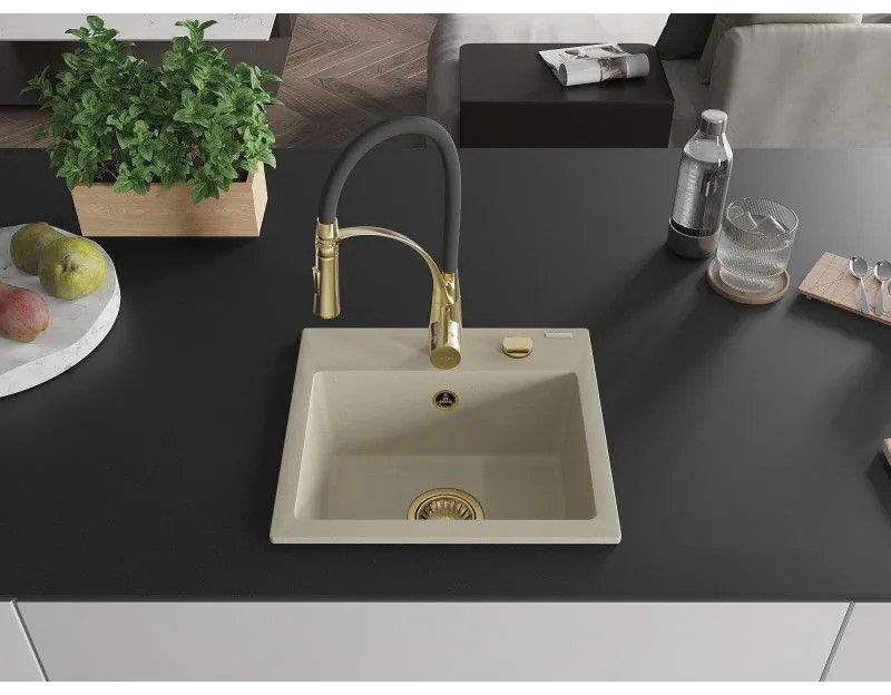 Mexen Milo, 1-komorový granitový drez 435x410x171 mm a drezová batéria Aster, béžová, 6505-69-73450-57-G
