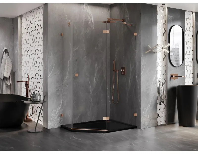 Mexen Lunar, päťuholníkový sprchový kút s pravým sklonom 100 x 90 cm, 8mm číre sklo, profil medená matná, 831-100P-090L-65-00-P