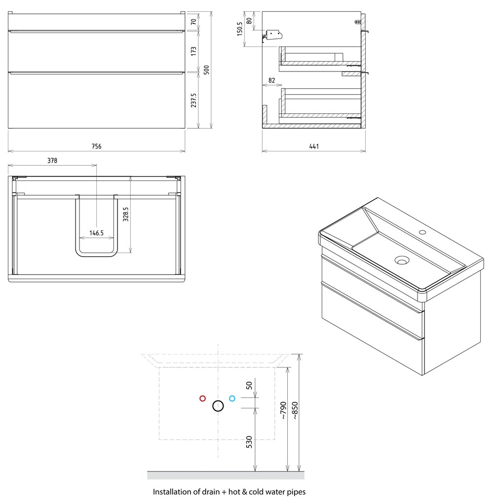 Sapho, SITIA umývadlová skrinka 75,6x50x43,4cm, 2x zásuvka, biela matná, SI080-3131