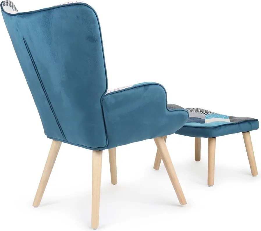 Relaxačné kreslo ušiak LISA + taburet — masív, látka, modrý patchwork