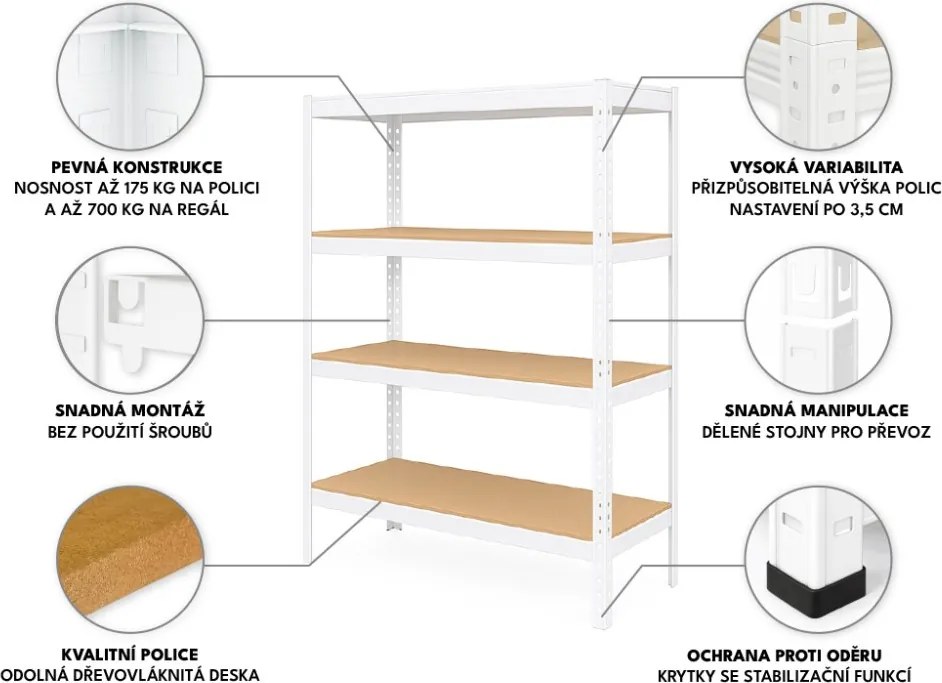 Akcia 20x Regál 150x70x30 cm lakovaný 4-policový, nosnosť 700 kg - biely
