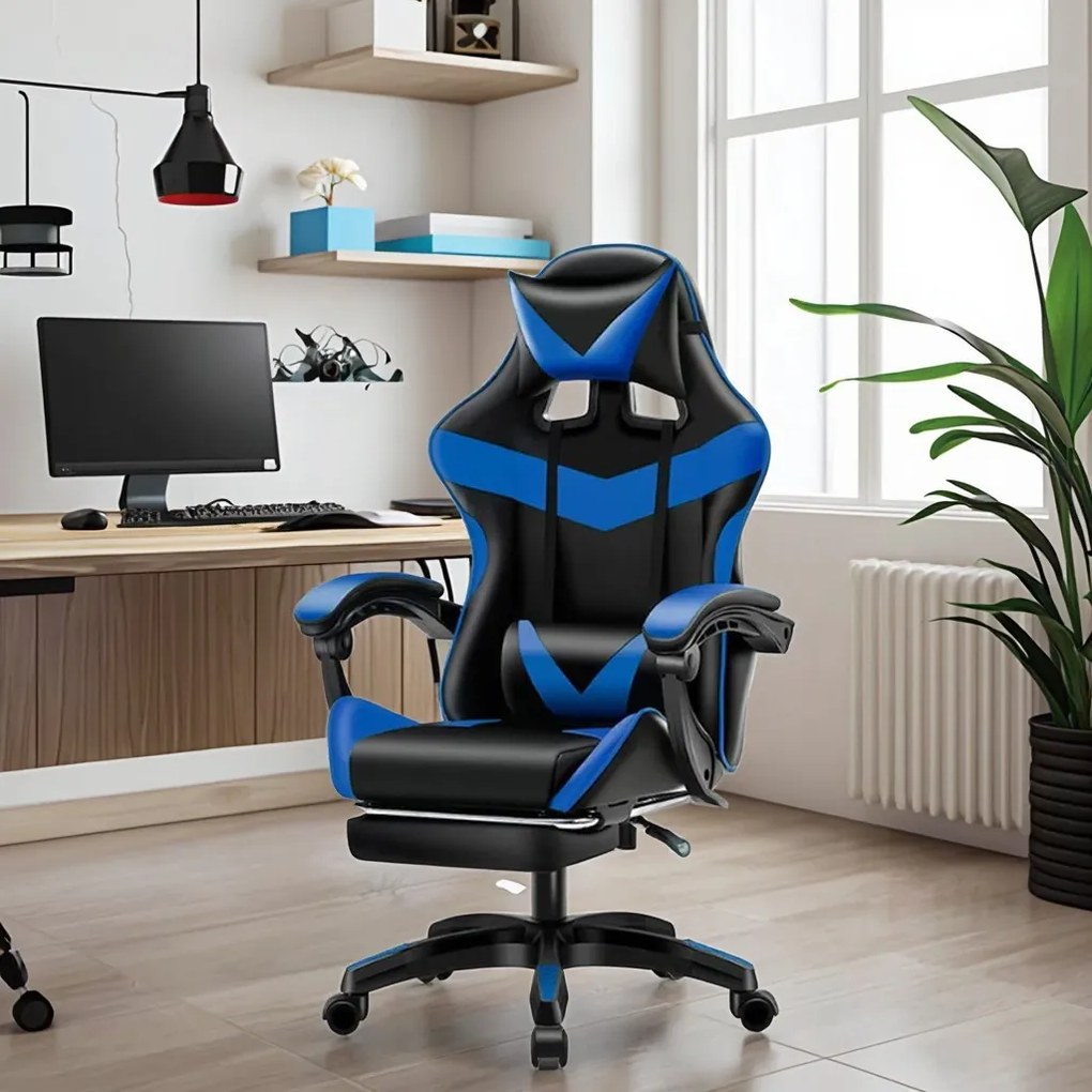 Kancelárska herná stolička s nastaviteľnou opierkou nôh - čierno-modrá